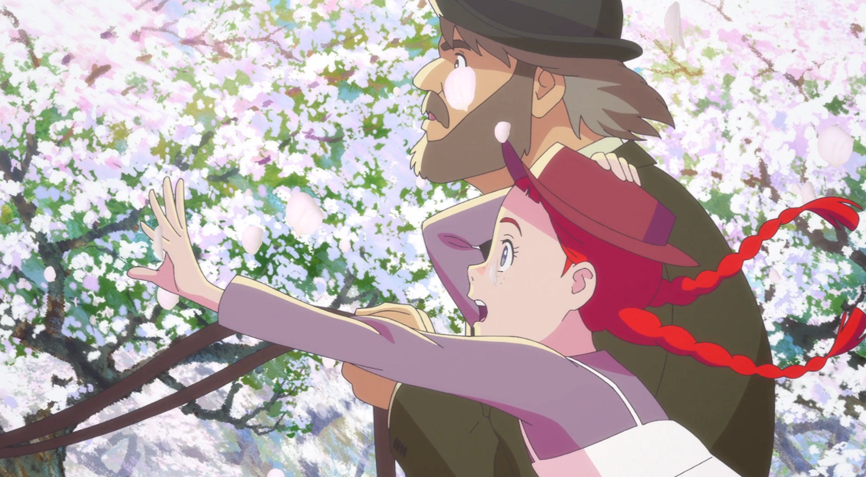 Anne sitting next to Matthew, an older gentleman with a full beard. Anne’s red braids fly in the wind and she reaches a hand out eagerly. They’re framed by an avenue of pink and white flowering trees. From Anne Shirley.
